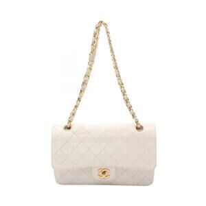 Chanel Matelasse Double Flap Shoulder Bag Lambskin Sheepskin White